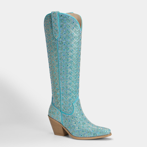 WETKISS Stivali da Cowboy di Lusso con Strass <span class=keywords><strong>Blu</strong></span>, Tacco Grosso, Punta Affusolata, Altezza al Ginocchio, Stile Western per <span class=keywords><strong>Donna</strong></span>, Ideali per Feste - Product Image 1