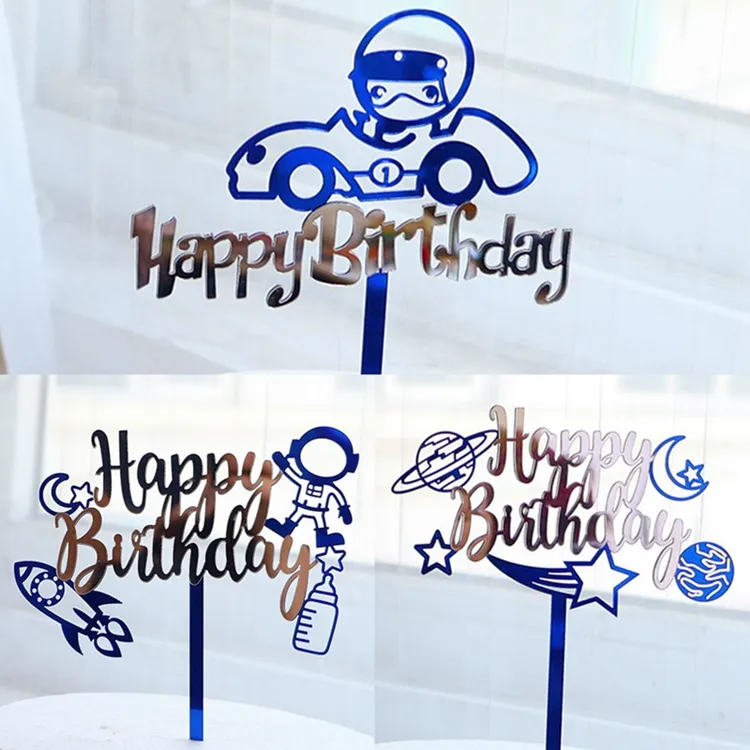 Adorno acrílico para pastel de feliz cumpleaños, decoración de pastel de cumpleaños para niño y hombre, tema del espacio exterior, SQ102