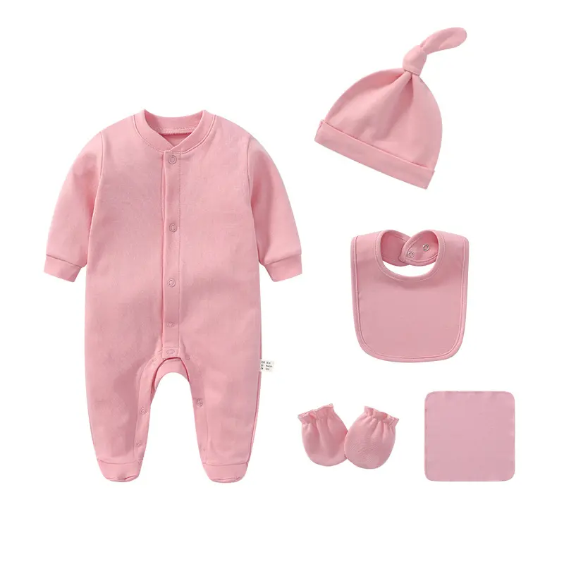 Grosir Set Romper katun organik bayi pakaian bayi katun Solid setelan mendaki bayi piyama Footie bayi