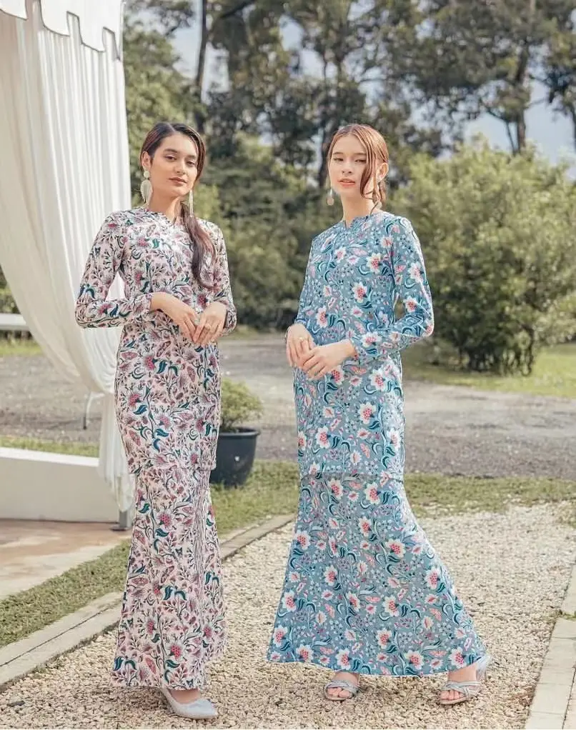 2023 Set Blus Pola Kustom Tradisional Malaysia Cetakan Bunga Sifon Berat CoTudung Baju Kurung Gadis