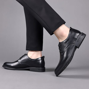 Chaussures habillées de bureau pour hommes en cuir véritable à bout pointu, respirantes et à lacets, idéales pour l'été - Product Image 2
