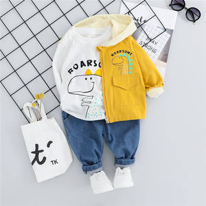 Ensemble de trois pièces décontractées pour enfants : chemise dinosaure, jean Robin et sweat à capuche à manches de couleurs variées, fabriqué en Chine - Product Image 4