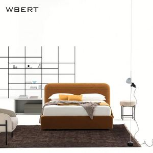 WBERT Italian Modern Checkered Fabric Padded Comfortable <b>Backrest</b> Double <b>Bed</b> Soft Wooden Frame Household Bedroom Furniture - Product Image 2