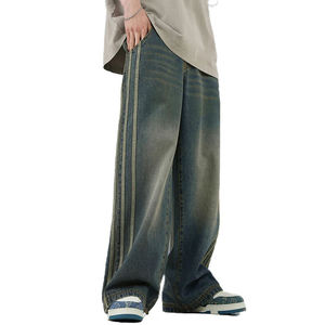 Jeans de mezclilla Y2K holgados de algodón lavado con rayas de cinta vintage personalizados al por mayor, de pierna recta, estilo urbano, para hombre. - Product Image 4