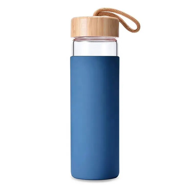 Garrafa de água sem bpa 350ml, garrafa de vidro borosilicate resistente ao calor com manga de silicone e tampa de bambu