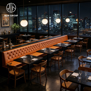 Muebles Modernos para Restaurantes de Hotel, Mesa de Mármol Negro con Silla de Madera, Asientos de Banqueta Tapizados en Cuero Naranja para Cafetería - Product Image 3