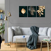 Lot de 3 tableaux muraux modernes dorés sur le thème botanique pour salles de bain, salons et chambres – Décoration murale avec images imprimées sur toile de plantes vertes