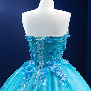 2023 Custom Women elegante tessuto di pizzo 3d Flower Tube Top abito <span class=keywords><strong>da</strong></span> <span class=keywords><strong>sera</strong></span> blu con perline - Product Image 6