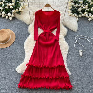 Vestidos de mujer elegantes Diseñador 3D Floral Tie Cintura <span class=keywords><strong>Issey</strong></span> Miyake Vestido plisado Estilo de mujer Vestido largo plisado - Product Image 6