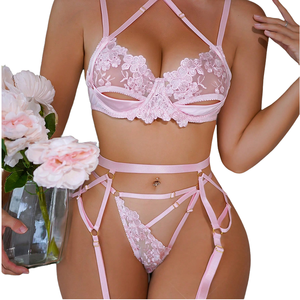 Women's <b>Sexy</b> Lingerie <b>Set</b> 3-Piece Adjustable Hollow Strap Flower Embroidery Halter Bra Thong Crocheted Lace Push-Up Firm Control - Product Image 1