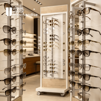 Présentoir à lunettes sur pied blanc en promotion avec roulettes pivotantes pour exposition de montures