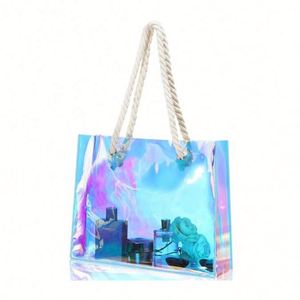 Sac transparent holographique en PVC imperméable avec poignée en corde, idéal pour le travail, la plage, le déjeuner, les mariages, les anniversaires, motif arc-en-ciel - Product Image 1