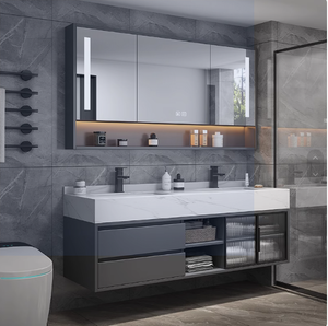 Juego de tocador de baño de madera de estilo europeo moderno Montado en la pared <span class=keywords><strong>Lavabo</strong></span> doble Gabinete Material MDF - Product Image 3