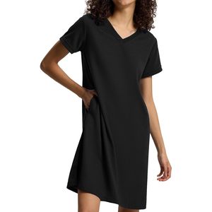 Camisón para mujer de manga corta con cuello en V, vestido de dormir de tela gofrada con bolsillos, ropa de dormir informal de verano, ajuste suave y cómodo - Product Image 1