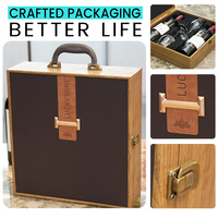 Boîte à vin en bois enveloppée de cuir PU de luxe, design de poignée élégant personnalisé, emballage cadeau rétro pour vin