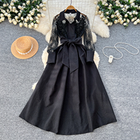 Robe longue vintage élégante à col polo brodée de dentelle pour femme, robe midi texturée à taille nouée pour l'été