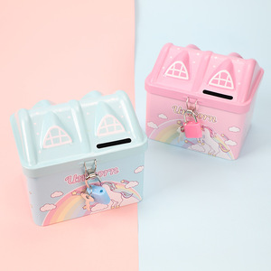High Quality House Shape <strong>Tin</strong> Can Coin Bank <strong>Money</strong> Saving <strong>Box</strong> with Lock - Product Image 2