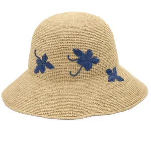 K Spring Summer Chinese Style Design Handmade Blue Butterfly Embroidery Raffia Straw Bucket Hat