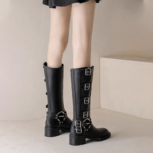 Women's Brown Vintage Leather Knee High Boots with Multiple Buckle Straps and Chunky <b>Block</b> Heel - Product Image 3