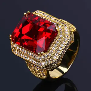 New Gold Plated Micro Set Zircon Ring Hip Hop Trendy Ruby Ring