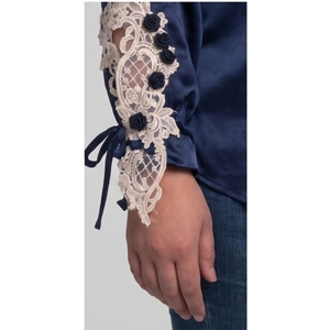 <b>Women's</b> <b>Navy</b> Blue Satin Blouse With Embroidery Lace Detail Full Sleeve Crew Neck Elegant Loose Fit <b>Top</b> - Product Image 5