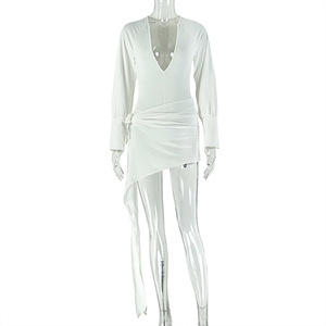 Productos de Moda 2026, Vestido Sexy de Verano para Mujer, Cuello en V Profundo, Manga Larga, Ajustado, Color <span class=keywords><strong>Blanco</strong></span> Sólido, Informal - Product Image 2