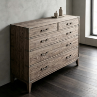 Commode de chambre à coucher de style campagnard de luxe au design moderne OEM, 5 tiroirs, en bois massif, fabriquée à la main, avec supports d'angle