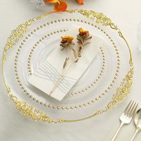 Assiettes de présentation de luxe en plastique blanc avec bord doré, 13 pouces, transparentes et perlées, réutilisables, pour mariages (vente en gros)
