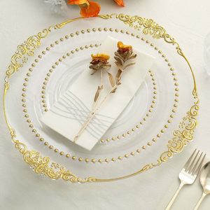 Assiettes de présentation de luxe en plastique blanc avec bord doré, 13 pouces, transparentes et perlées, réutilisables, pour mariages (vente en gros) - Product Image 3