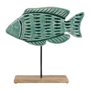 Scultura di pesce in legno su base per decorazioni domestiche, accento costiero, in legno di mango - Product Image 1