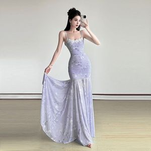 French Style Light Blue Floral Print Mesh Suspender Dress Women Natural Waist Sweetheart Neckline Fishtail Bodycon Maxi Evening - Product Image 3