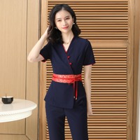 Conjuntos de uniformes de pantalón largo de manga corta de 3/4 mangas para salón de belleza, Hotel y restaurante, Personal, Ropa de trabajo de estilo chino