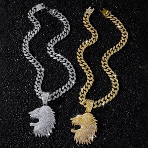 Collar con Colgante de Cabeza de León Iced Out, Chapado en Oro de Aleación, Cadena Cubana de Cristal, Joyería Hip Hop Bling con Dije de Motivo <span class=keywords><strong>Rey</strong></span> de las Bestias - Product Image 1