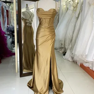 2023 New gold nude corset mermaid satin sleeveless hand pleated lace up back prom evening women dresses