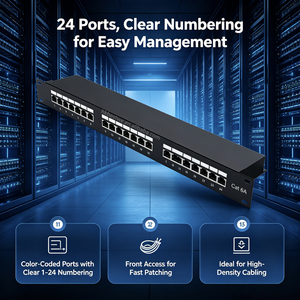 Panel de Conexiones Blindado para Redes, Apto para Gabinetes de Red, 24 Puertos CAT6A FTP IDC Punch Down, 1U, 19 Pulgadas, Montaje en Rack - Product Image 1