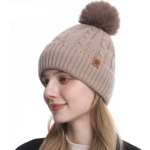 Chapeau en tricot doublé en polaire pour <span class=keywords><strong>femme</strong></span>, chapeau d'hiver doux, chapeau de cyclisme chaud, logo personnalisé, <span class=keywords><strong>bonnet</strong></span> en tricot, <span class=keywords><strong>bonnet</strong></span> <span class=keywords><strong>pompon</strong></span> - Product Image 3