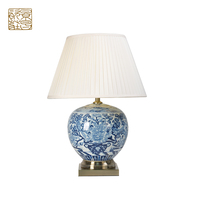 Lampe de table électrique populaire en céramique, style européen antique, bleu et blanc, avec abat-jour en tissu
