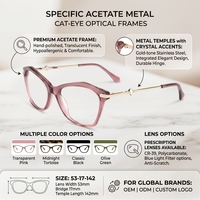 Montures de lunettes optiques œil-de-chat en acétate pour femmes, branches métalliques, accent diamant, pour lecture et utilisation sur ordinateur