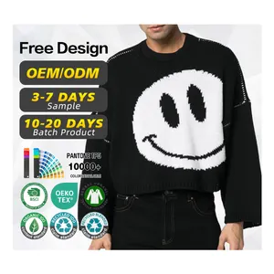 CaiNan logotipo personalizado 100% lã virgem oversized homens camisola de malha pulôver designer smiley intarsia camisola de malha homens