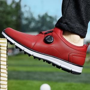 Zapatos Casuales para Hombre, Superficie Sintética Roja Lisa, Cierre de Perilla Giratoria, Transpirables, con Detalle Perforado, Zapatos de Golf para Uso en Campos Deportivos - Product Image 1