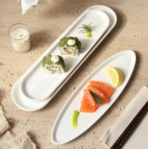 Assiette Minimaliste Blanche Allongée en Céramique pour Sushi et Sashimi, Plateau à Desserts pour Hôtels et Banquets de Mariage, Logo Personnalisé, Vente en Gros - Product Image 1