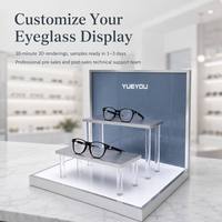 Présentoir à lunettes pliable à deux niveaux avec cadre argenté, pieds de support en acrylique transparent, panneau arrière personnalisé imprimé, léger