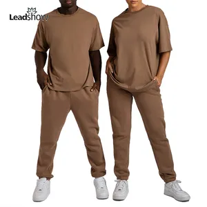 Yüksek kaliteli düz ağır pamuk eğitim spor Unisex boy T Shirt eşofman kıyafetler 2 parça koşucu pantolonu spor seti