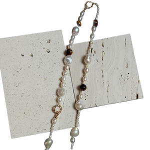Collage Fashion Trend Niche Design Irregular Freshwater Baroque Pearl <b>Tiger</b> <b>Eye</b> Stone <b>Necklace</b> Bracelet Set Fashion Jewelry Sets - Product Image 5