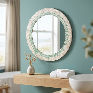 Glovimex Capiz <b>Shell</b> Round Bohemian Wall <b>Mirror</b> with Abstract Geometric Pattern Nature Theme Washable for Living Room Home Decor - Product Image 4