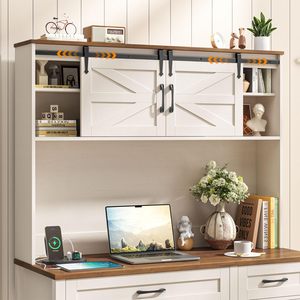 Escritorio Ejecutivo Estilo Rústico con Estante Superior y 4 Cajones, Estación de Trabajo Grande de Madera Blanca para Dormitorio o Estudio - Product Image 3