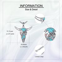 Collier pendentif tête de taureau en argent sterling 925 avec turquoise, bijoux du Wild West du Texas avec cactus