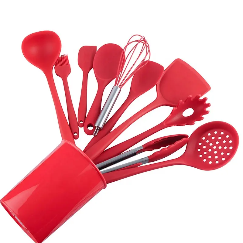 Hot Sale Kitchen Accessories Set Red Color 10 Piece Silicone Kitchen Cooking Utensils Set With Plastic Holder