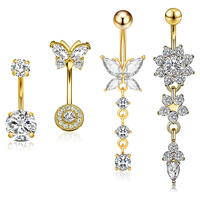 Lot de 4 Piercings de Nombril en Acier Inoxydable Plaqué Or 14G 1.6MM avec Pendentif Clicker, Bijoux Corporels pour Femme, Idéal Cadeau