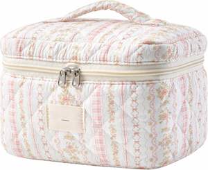 Large Quilted Makeup <b>Bag</b> Cute Cotton Travel Cosmetic <b>Bag</b> with HandlePortable Floral Make up <b>Bags</b> - Product Image 1
